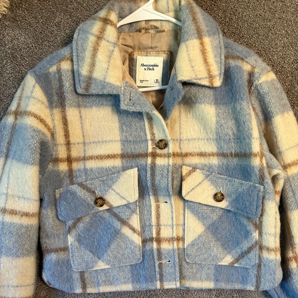 Abercrombie & Fitch Blue, Cream & Brown Plaid Wool Blend Jacket